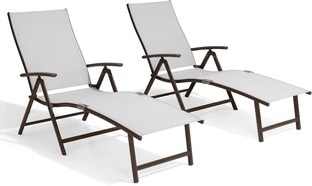 Lounge Chair Outdoor, Folding Pool Chaise Chairs Set of 2 (Light Gray) | Rust-Resistant Aluminum Frame, 8-Position