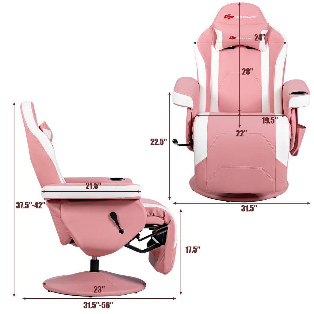 Pink Massage Gaming Chair, Racing Style Gaming Recliner w/Adjustable Backrest and Footrest, Ergonomic High Back PU