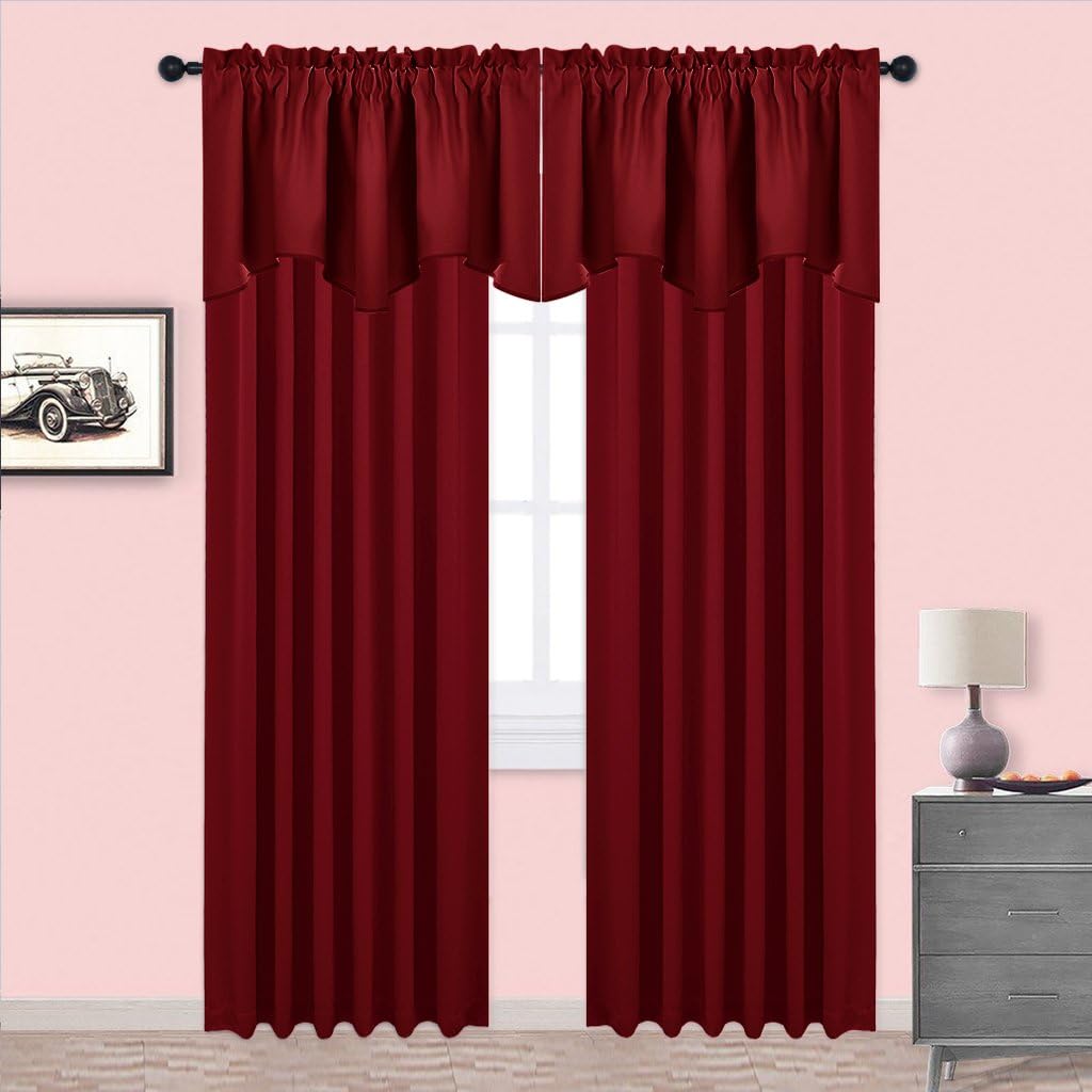 Burgundy Red Blackout Valances, Thermal Insulated Elegant W52 x L18 Scalloped Rod Pocket Curtains Small Window