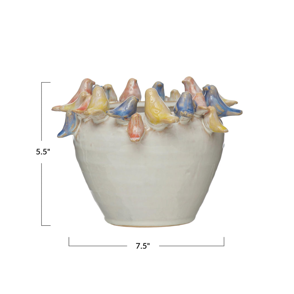 Stoneware Planter with Birds on Rim, Reactive Glaze