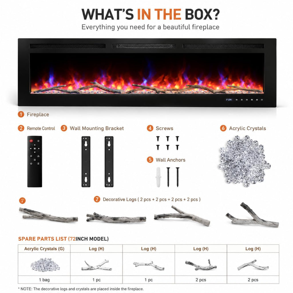 72 in Electric Fireplace, Recessed/Wall Mounted Linear Fireplace with WiFi & Remote Control, Multicolor Flame Effect