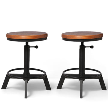 Set of 2-Industrial Bar Stool-Counter Height Chairs- Swivel Wooden Seat- Adjustable 17.7-24inch