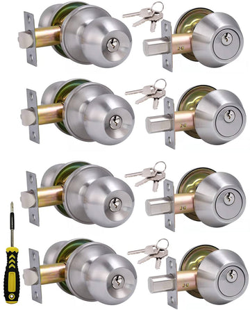 4 Sets) All Keyed Same Entry Door Knob and Single Cylinder Deadbolt Combo Set, Satin Nickel Exterior Door Knobs with