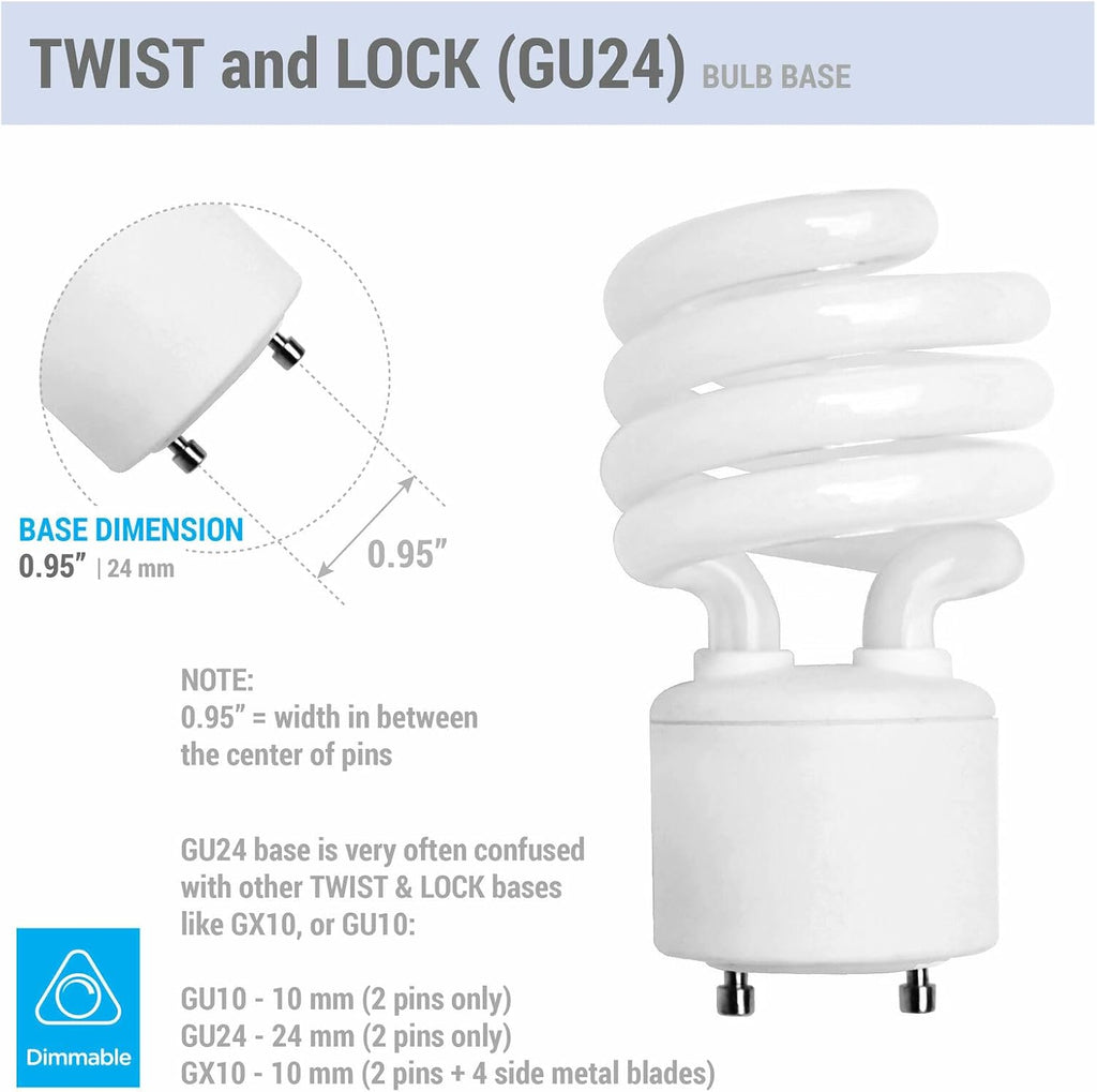 4 Pack) 13 Watt Mini Spiral - GU24 Base - (60W Equivalent) - T2 Mini-Twist - CFL Light Bulb (Daylight-5000K, CFL)