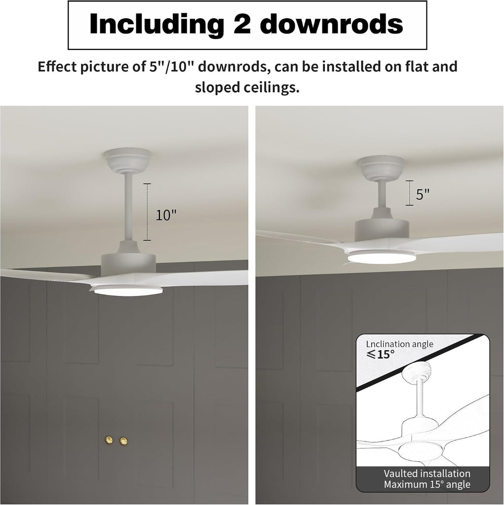 52 Inch Ceiling Fans with Lights Remote Control, White Sloped Mount Ceiling Fan 22W Dimmable LED Light, 3 Reversible