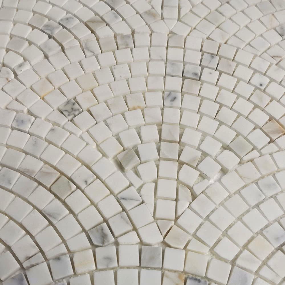 Calacatta Gold Marble Fish Scale Scallop Fan Pattern Mini Mosaic Tile Honed Kitchen Bath Wall Floor Backsplash Shower