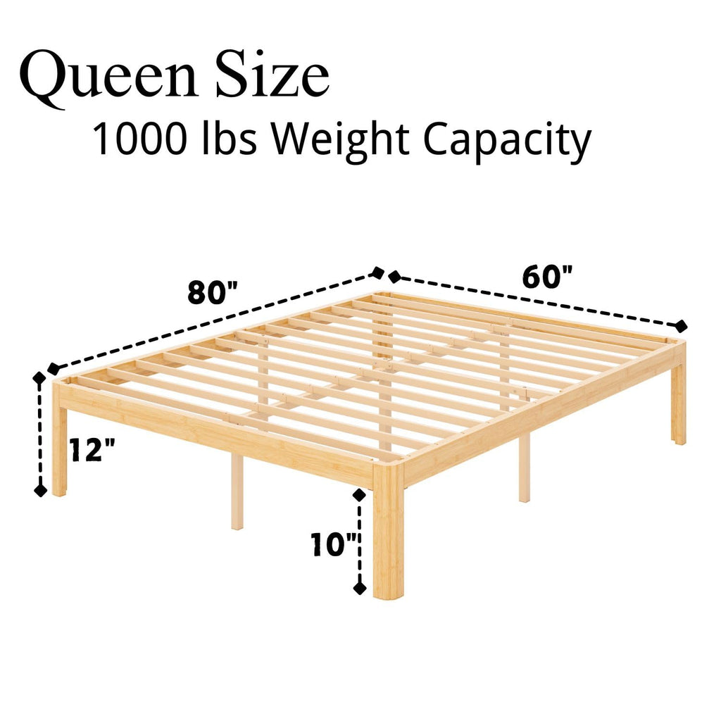 12 Inch Queen Bamboo Platform Bed Frame, Modern Minimalist Design, Heavy Duty Support, Easy Assembly, No Box Spring