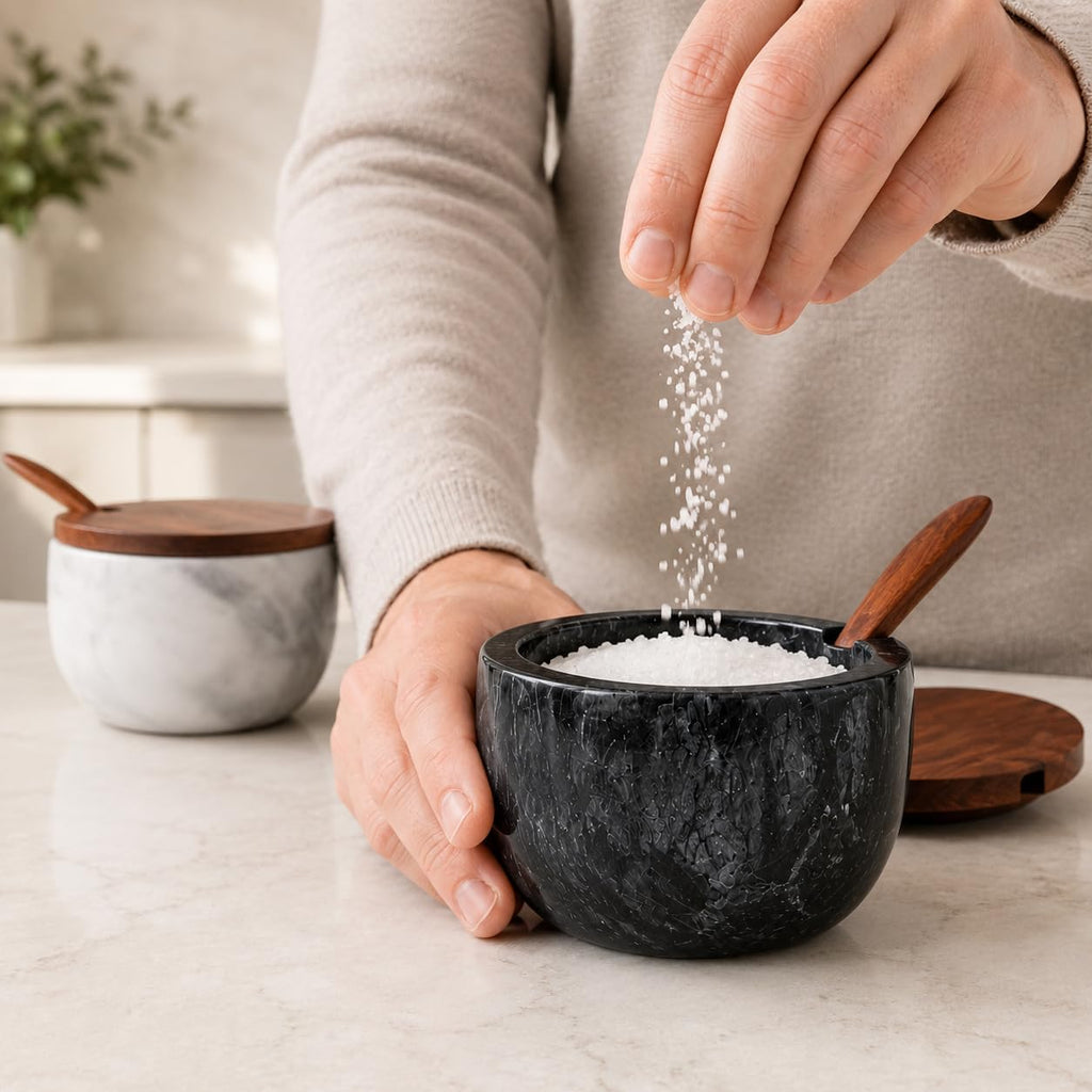 Marble Salt Cellar with Lid and Spoon, Acacia Wood, Black