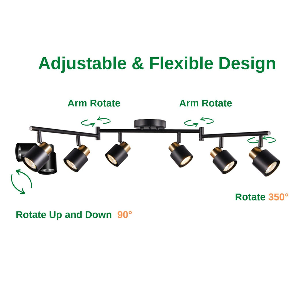 6 Light Foldable Track Lighting Kit, Matt Black Brass Finish Adjustable with Moden Flush Mount Ceiling Spotlight