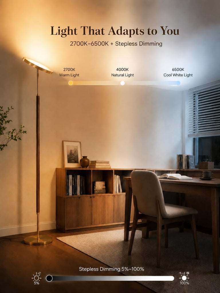 Wood LED Torchiere Floor Lamp with Remote, 3000LM Dimmable