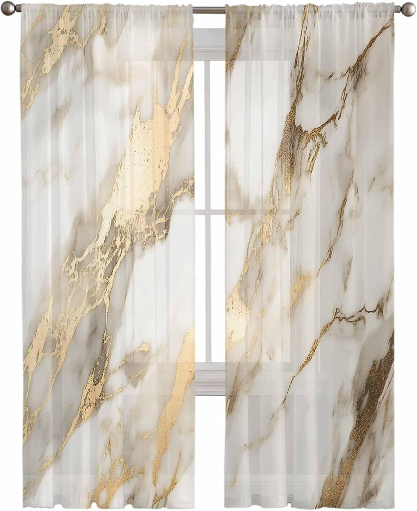 Sheer Curtains 96 Inches Long, Marble Gold Light Filtering Window Curtains , Abstract Luxury Wave Gold Marbling