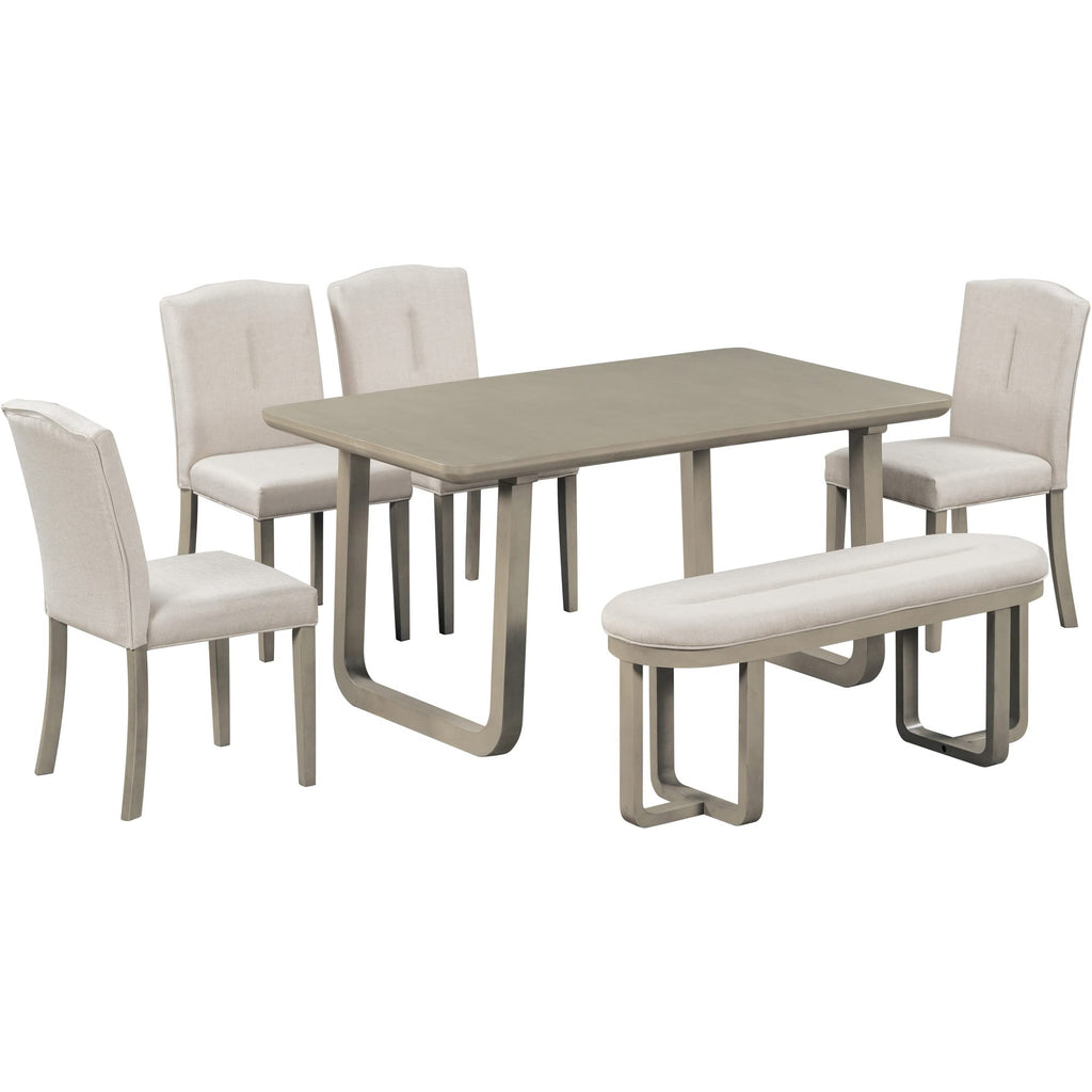 Vintage 6 Piece Dining Table Set with 4 Upholstered Chairs and 1 Double Upholstered Bench w/Foam Covered Back & Seat