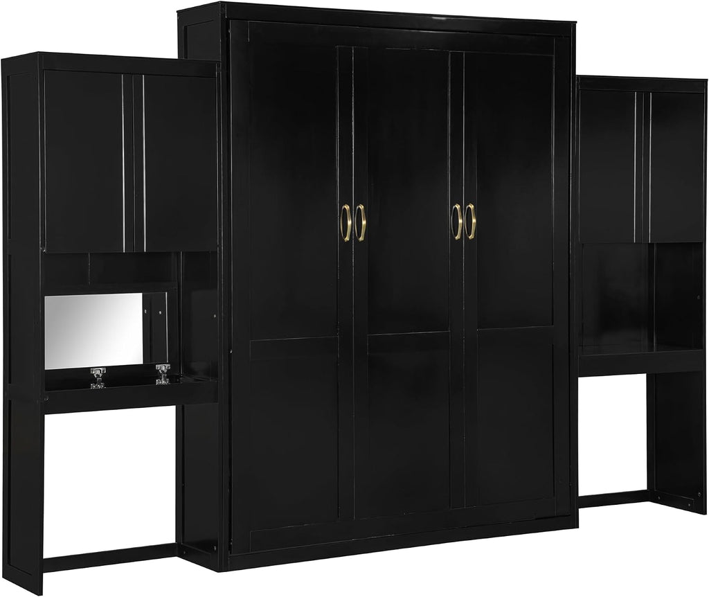 Murphy Bed Queen,Wood Storage Hide Cabinet Wall Beds with Desk and Vanity,Space-Saving Bedroom Furniture w/Cabinets &