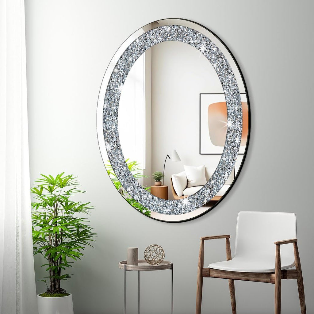 Crystal Crushed Diamond Oval Shaped Silver Mirror Glam Bling for Wall Decoration 24x32x0.9inch Frameless Wall Hang