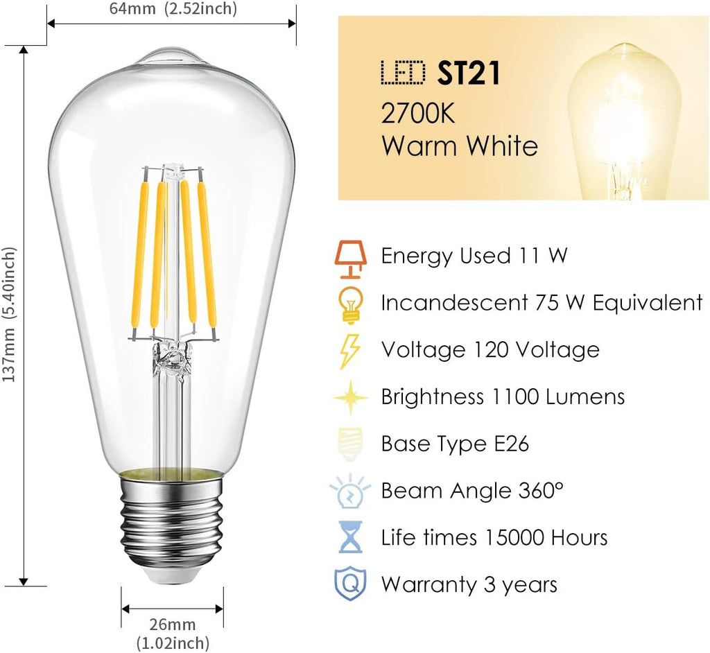 6 Pack Vintage LED Edison Bulbs 75W Equivalent 11W 1100LM Dimmable ST64 Filament 2700K Warm White E26 Medium Base