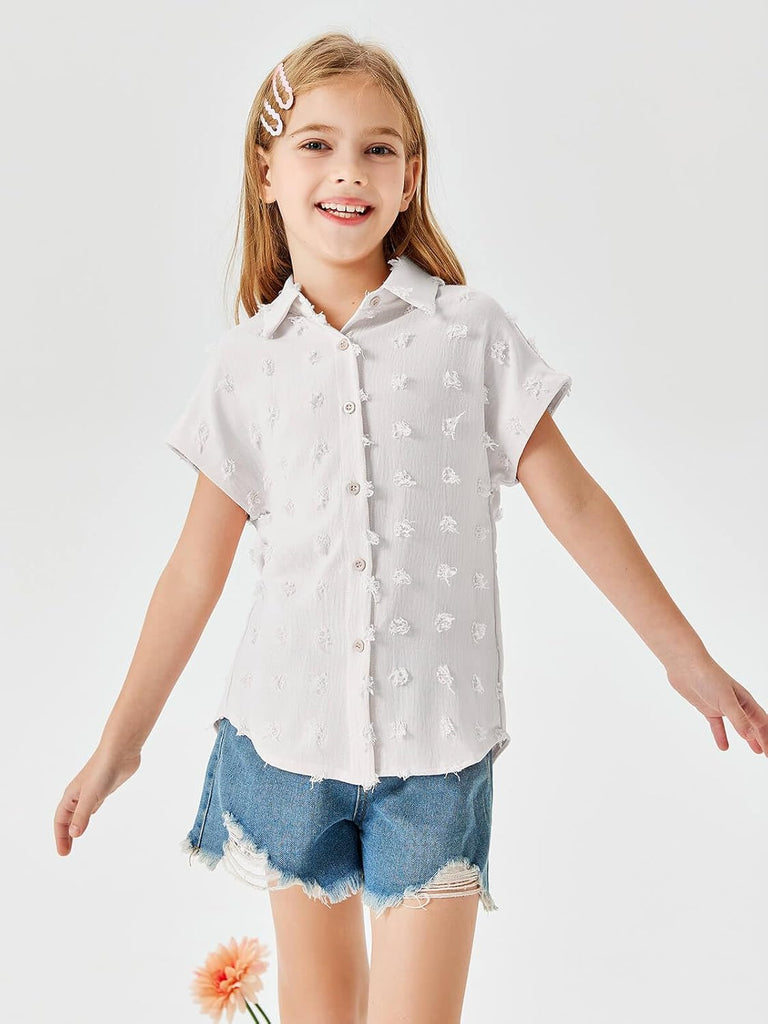 Girls Button Down Shirts Short Sleeve Kids Casual Chiffon Blouse Summer Tops T-Shirt