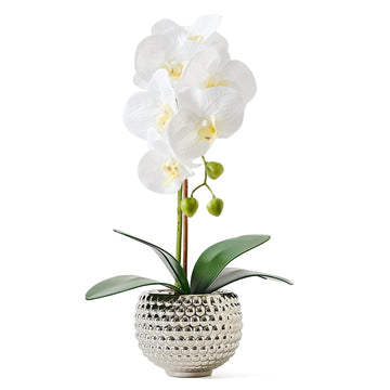 Fake Flowers with Vase, Large Orchids Artificial Flowers in Silver Pot Fake Orchid Fake Plant in Pots Artificial