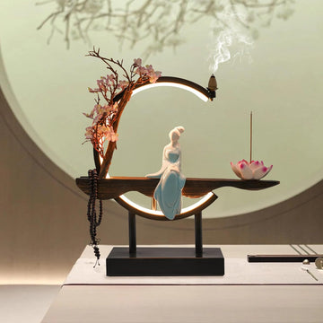 Backflow Incense Burner, Chinese Style Peach Blossom Incense Holder with LED Light, Ceramic Incense Cone Burner Home