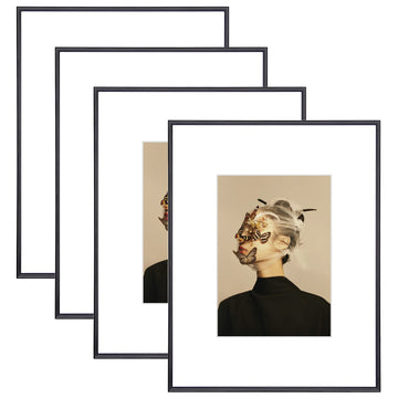 8.5x11 Picture Frame Set of 4, Matted Black Simple Modern Brushed Thin Aluminum Metal Photo Frame Fits 5x7 with Mat