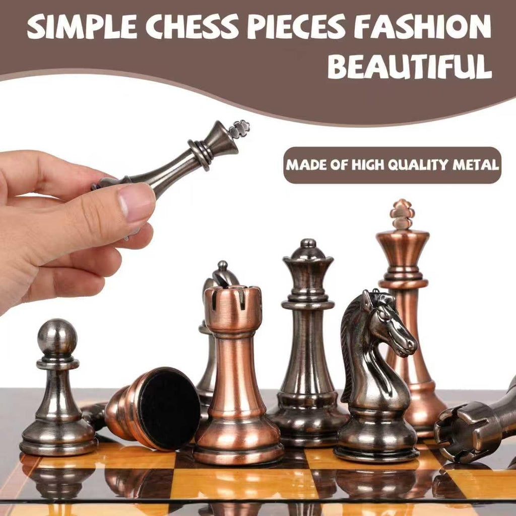 Luxury Metal Chess Set with 15 Inch Wooden Chess Board | Weighted Metal Chess Pieces | 2 Extra Queens | Professional