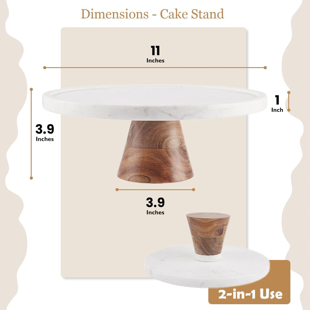 Marble & Acacia Wood Cake Stand - 11 Inch Round Cake Display for Weddings, Birthdays & Parties - Dessert Stand