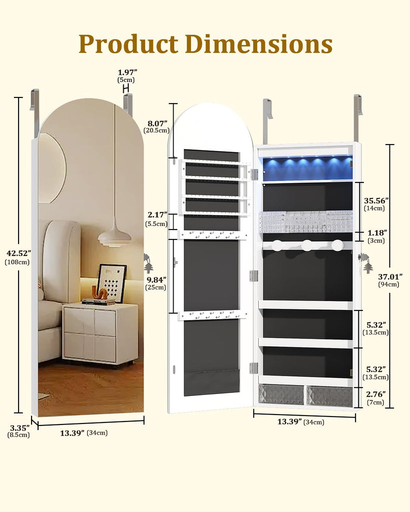 Arched Mirror Jewelry Cabinet, Over the Door or Wall Mounted, White
