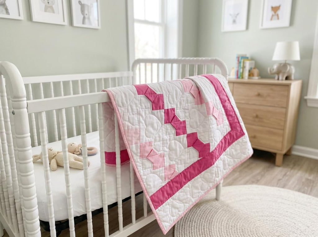 Baby Girl Quilt Hand Sewn Dark Light Pink Bow Ties Polka Dot Back