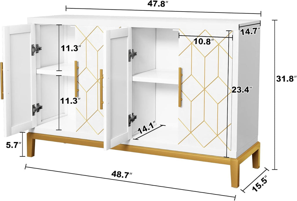 Accent Cabinet with 4 Doors&Shelves, Sideboard Buffet Cabinet with Gold Trim, Modern White Storage
