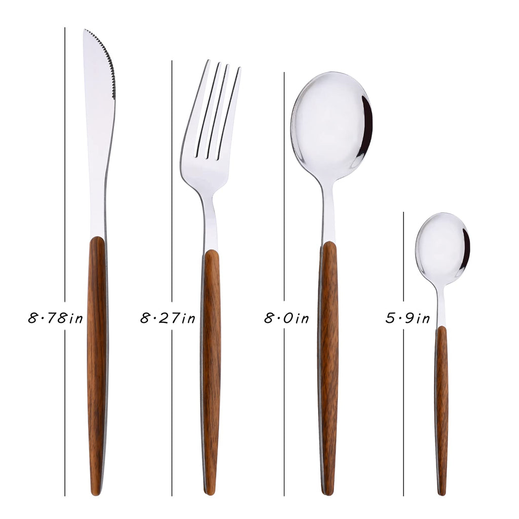 24-Piece Silverware Set for 6, Silver Mirror Polished Stainless Steel Flatware Set, Wooden Effect Handle Utensil Set