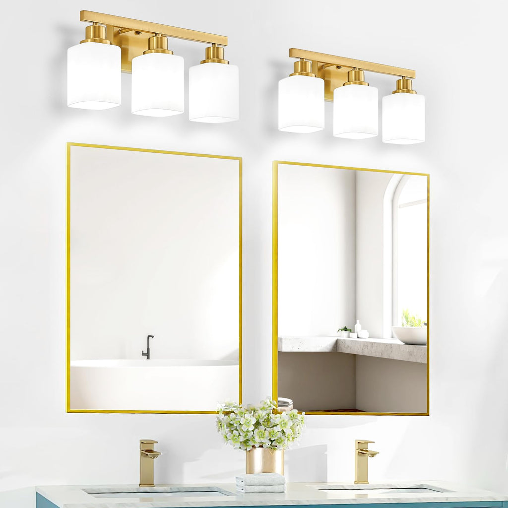 Bathroom Vanity Light, 3-Light Gold Modern Bathroom Light Fixtures with Square Frosted Glass, Gold Wall Lamp Sconces