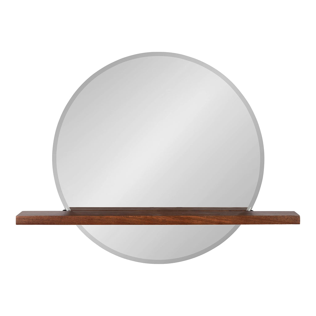 Fossett Frameless Round Wall Mirror, 24 Inch Diameter, Walnut Brown, Decorative Functional Mirror with Shelf
