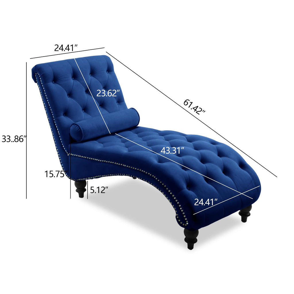 Modern Velvet Chaise Lounge Indoor with Nailhead Trim, Button-Tufted Armless Lounge Chair Indoor with Lumbar Pillow