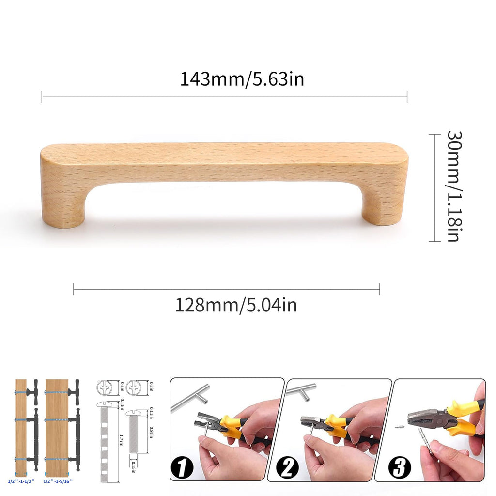 5 in beech 6 pcs Round Wooden Drawer Pulls cabinets Handle Kitchen Door
