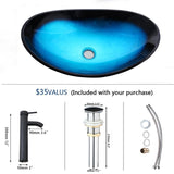 Blue Tempered Glass Vessel Sink with Faucet and Drain 21 Inch Oval Bathroom Sink Above Counter, Bathroom Basin Bowl Sink