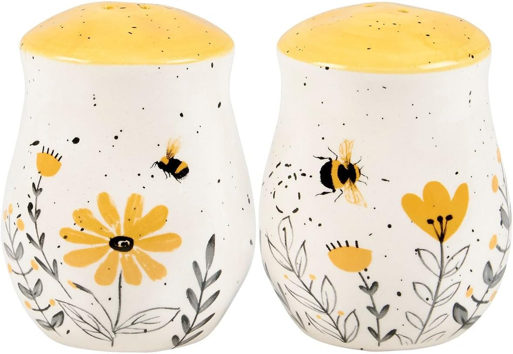 Salt & Pepper Set - features bees buzzing over flowers with yellow accents. Shakers include unique openings to tell - Set of 5