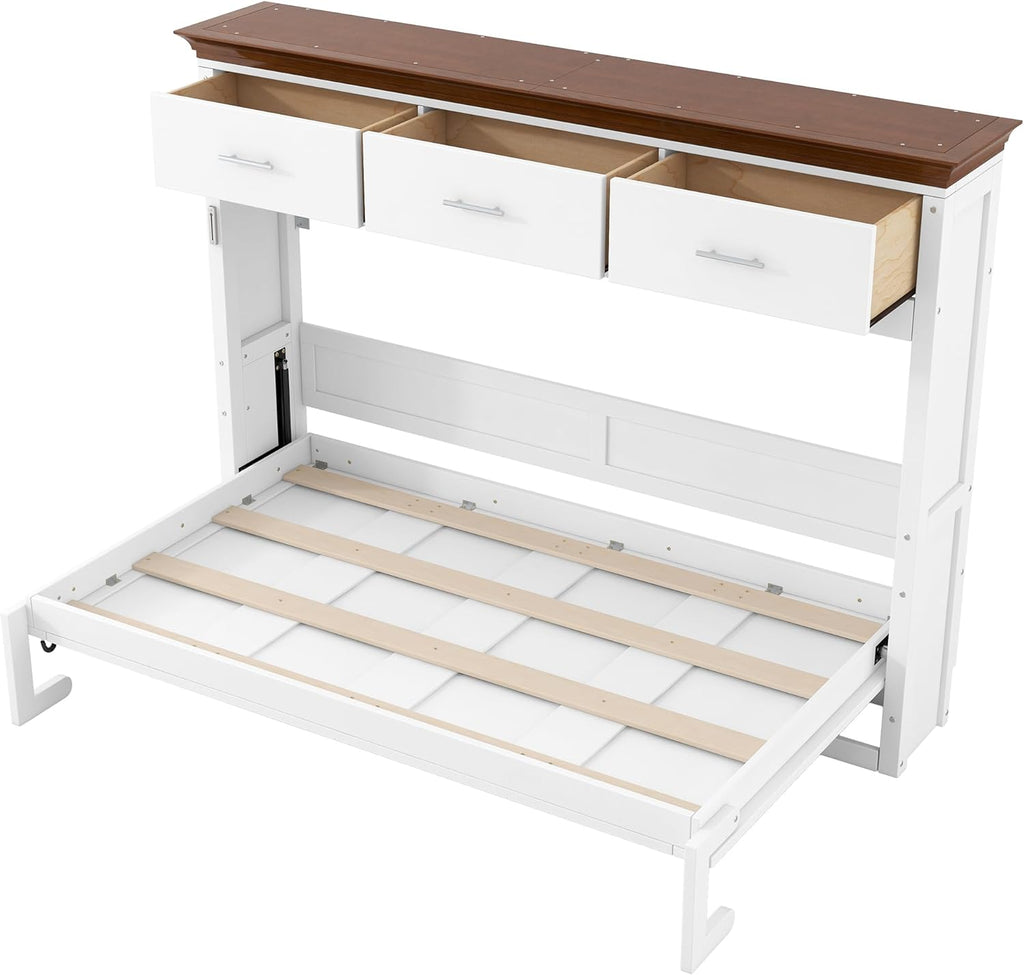 Twin Murphy Bed, Wood Wall Bed Frame with 3 Storage Drawers, Folding Cabinet Bed Frame for Home Office, Guest Room