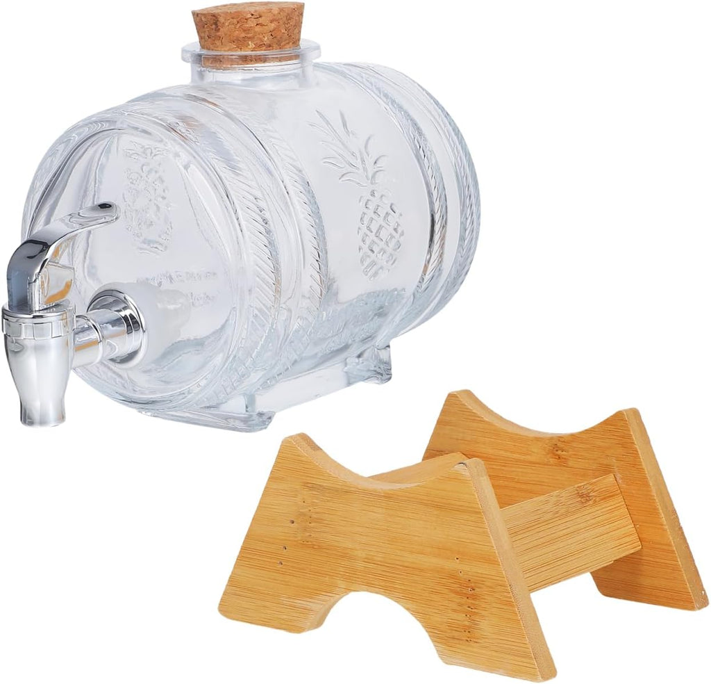 Vintage Wine Barrel Beverage Dispenser with Rack and Faucet Glass Wine Barrel for Serving Brandy Whisky Vodka Rum at