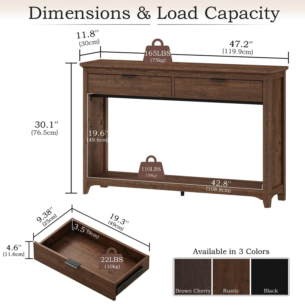 Entryway Table with 2 Drawers, 47 in Sofa Console Table, Rustic