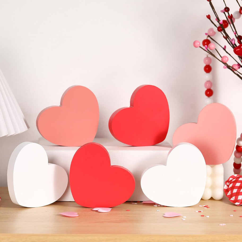 Valentines Decorations Wooden Heart Sign Classic White Pink Red Decor Shelf Mantel Fireplace Table Windowsill - Set of 6