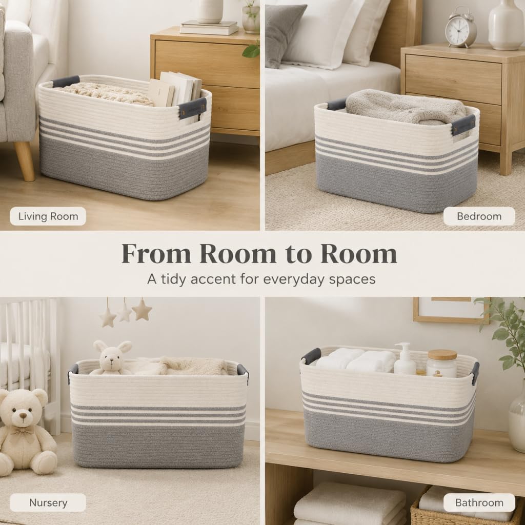 Cotton Rope Laundry Basket Extra Large, 22.8GAL Collapsible Woven Storage Baskets Kids Toys Stuffed Animal,Boho