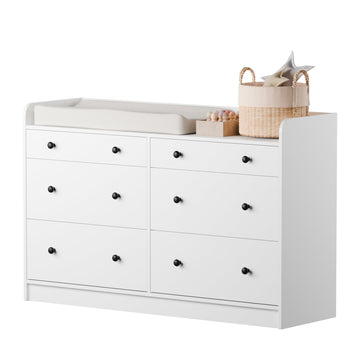 Baby Dresser with 6 Drawers and Large Table Top, Multi-Functional Chest of Drawer, Drawer Dresser with Three-Sided