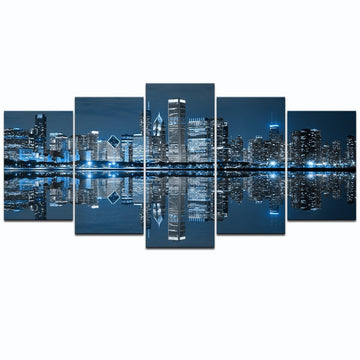 Chicago Canvas Wall Chicago Skyline Picture Painting Blue City Night Decoration Living Room (Medium)