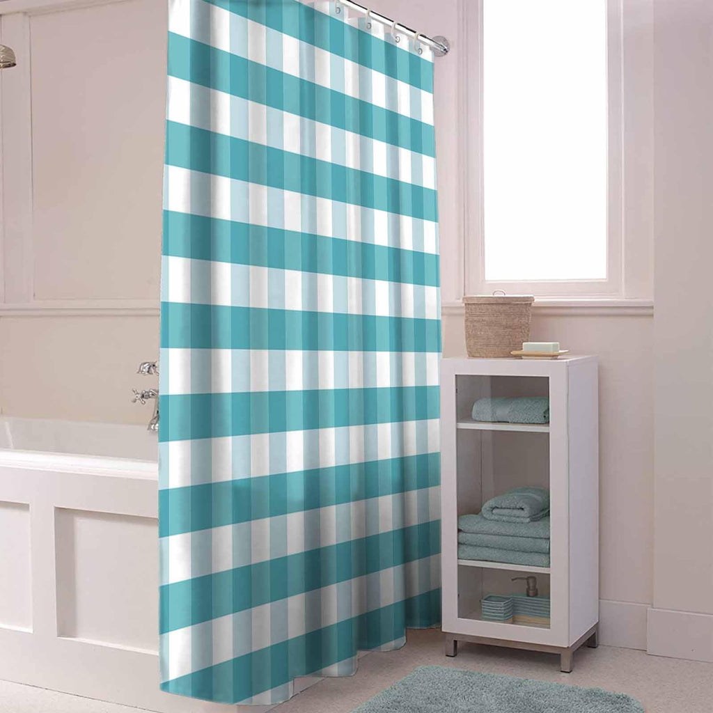 Rustic Teal White Buffalo Check Plaid Pattern, Farmhouse Shower Curtains Set with Hooks, Waterproof Fabric Bathroom