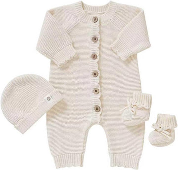 Organic Cotton Baby Sweater Knit Romper Hat Booties 3 Piece