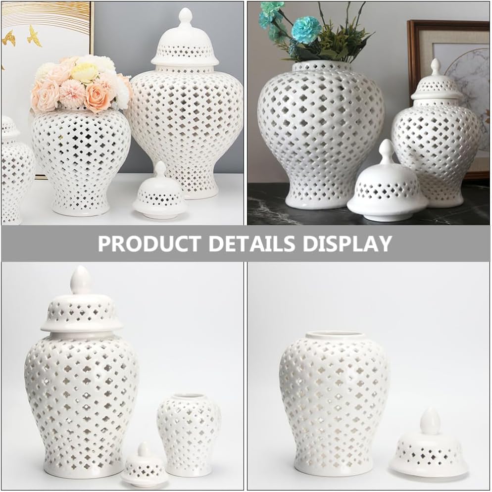 Ginger Jars Decor Traditional Pierced Ginger Jar with Lid Carved Lattice Decorative Temple Jar Cut Out Ceramic Vase