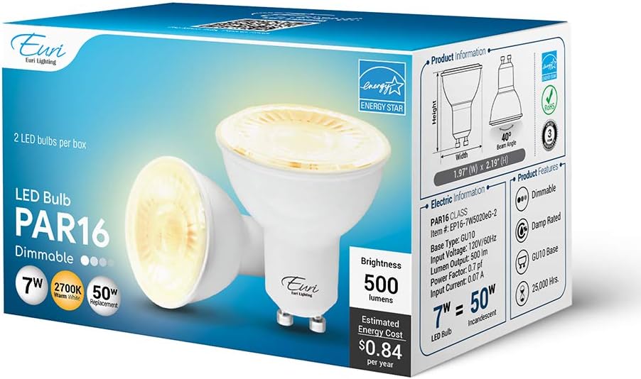Dimmable LED PAR16, GU10 Base, 7W (50W Equal) 500lm, Warm White (2700K), 80CRI, 40° Angle, Damp