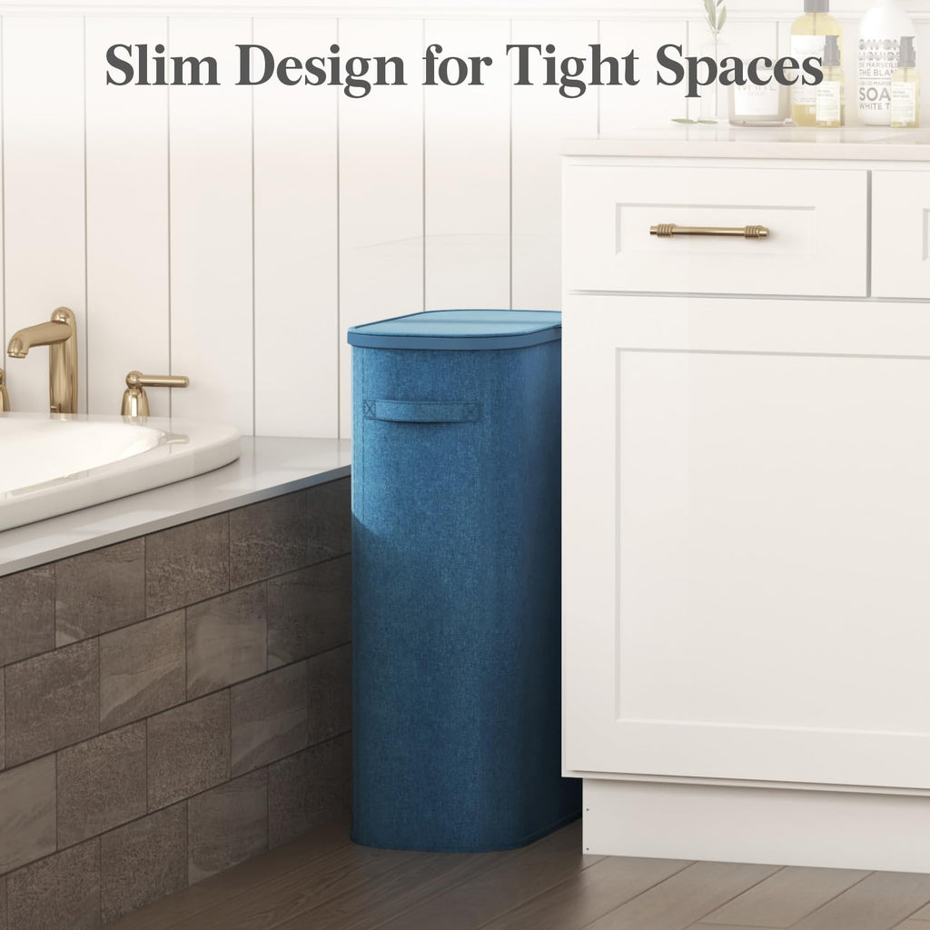 Slim Laundry Basket with Lid and Removable Bag, 65L, Dark Blue