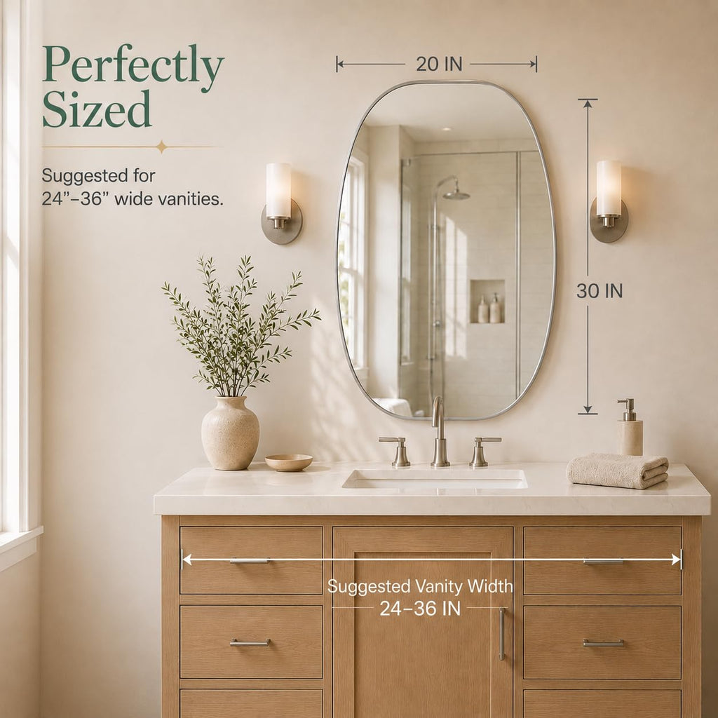 Silver Oval Bathroom Mirror 20x30 Inch, Oblong Vanity Mirror