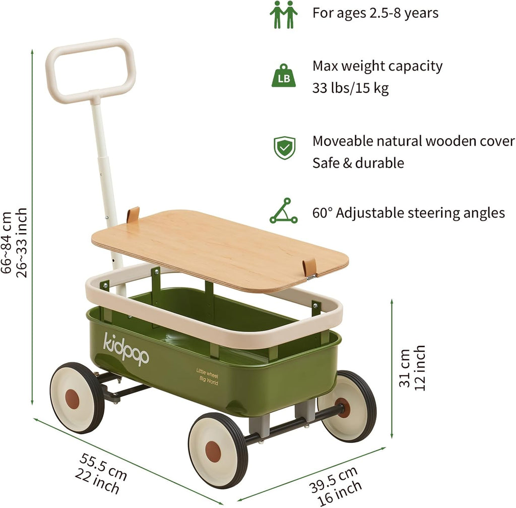 PULA-Wild in-1 Kids' Pull-Along Wagon Toddlers Push Walker for 2.5-8, Removable Wooden Cover and Adjustable