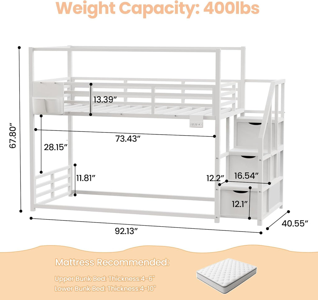 Low Bunk Bed Twin Over Twin with Storage Staircase, RGB LED Lights, Drawers & Shelves